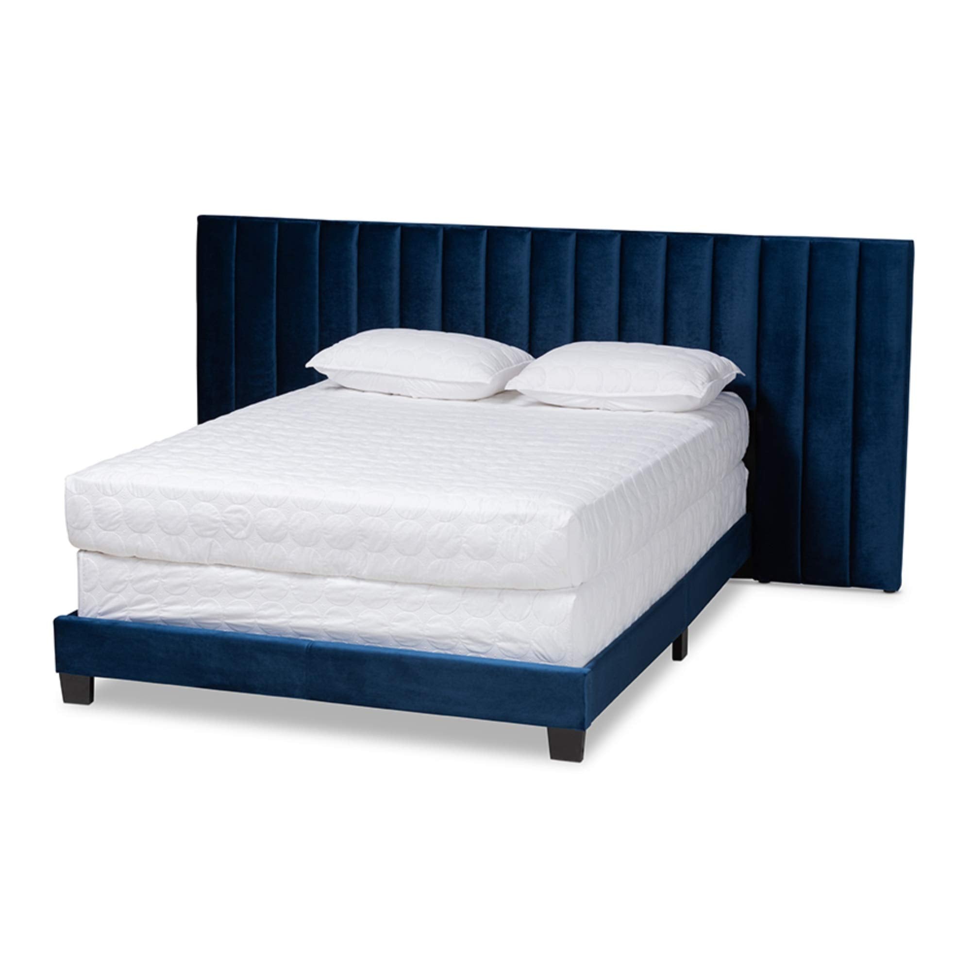 Baxton Studio Fiorenza Glam And Luxe Navy Blue Velvet Fabric Upholstered Queen Size Panel Bed With Extra Wide Channel Tufted Headboard